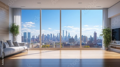 A wide-angle view of a large aluminum-framed window in a modern home, offering panoramic views of the city skyline.