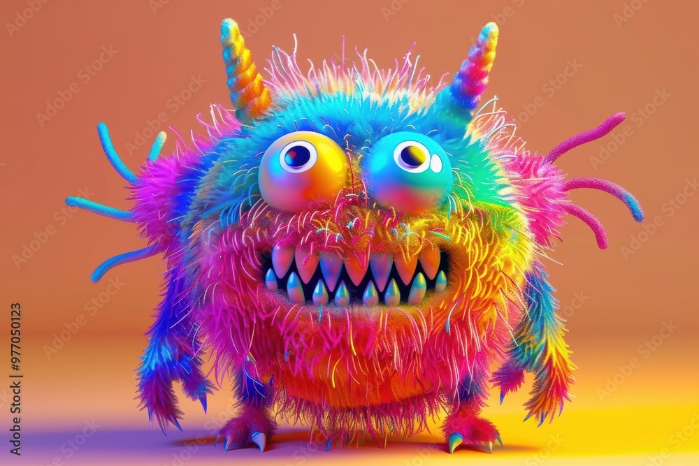 Neon-lit 3D cute monster in bright magenta and cyan, boasting a dynamic and imaginative design. Neon-lit 3D cute monster in bright magenta and cyan, boasting a dynamic and imaginative design.