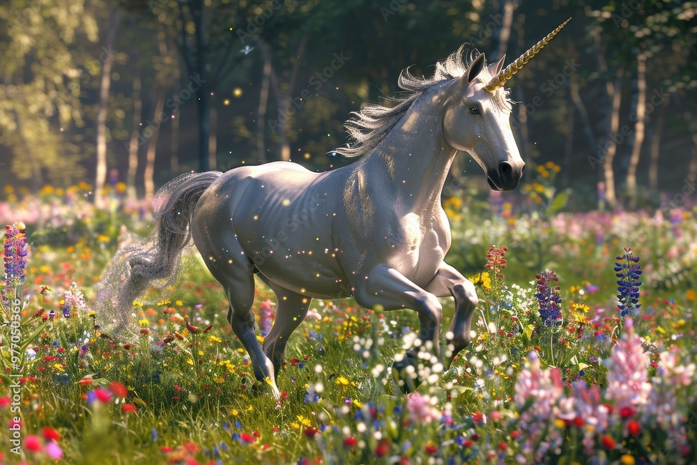 unicorn with a golden horn prances gracefully. This magical moment captures the essence of fantasy and the pure beauty of this legendary creature.