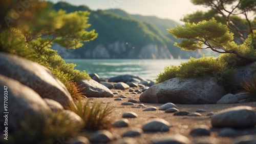 Tranquil Coastal Landscape with Lush Foliage.