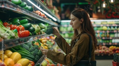 A woman in a supermarket chooses vegetables and fruits 