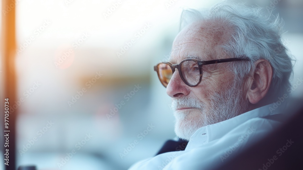 Image showcasing an elderly person wearing glasses, gazing into the distance, with a soft, serene background reflecting a moment of contemplation and calm. Image showcasing an elderly person wearing glasses, gazing into the distance, with a soft, serene background reflecting a moment of contemplation and calm.