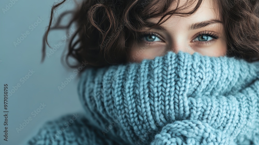 A close-up shot of an individual wearing thick knitwear and curly hair, depicting warmth and comfort in this cozy and intimate portrait perfect for a winter theme. A close-up shot of an individual wearing thick knitwear and curly hair, depicting warmth and comfort in this cozy and intimate portrait perfect for a winter theme.