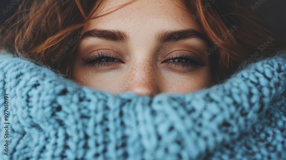 Portrait of a person dressed in a thick knitted garment set against a soft, blurred background that exudes warmth, comfort, and a dreamy, serene atmosphere. Portrait of a person dressed in a thick knitted garment set against a soft, blurred background that exudes warmth, comfort, and a dreamy, serene atmosphere.