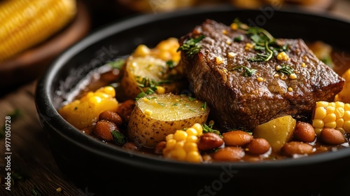 A beautifully presented beef dish featuring corn, potatoes, and beans in a black skillet, highlighting a mouth-watering meal perfect for a hearty feast or a gourmet dining experience.