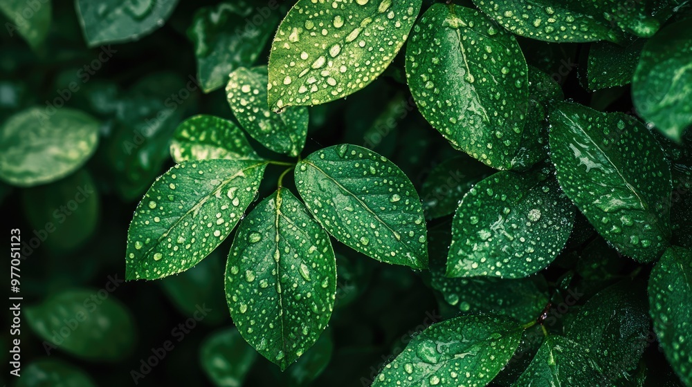A zoomed-in shot of vibrant green leaves in the garden, each one glistening with raindrops, bathed in soft light after the rain. A zoomed-in shot of vibrant green leaves in the garden, each one glistening with raindrops, bathed in soft light after the rain.