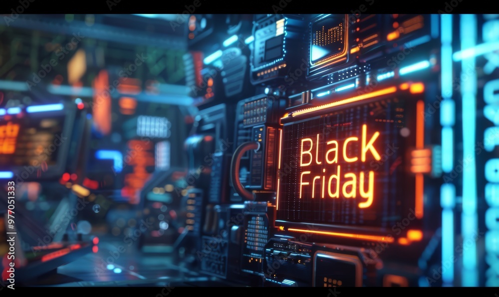 Black Friday - neon glowing text sign on futuristic technological background, shopping or promotional banner design Black Friday - neon glowing text sign on futuristic technological background, shopping or promotional banner design