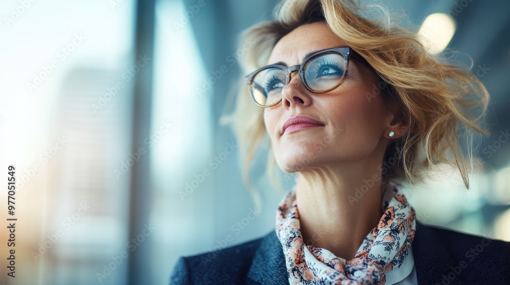A blonde-haired woman wearing glasses and a business suit stands in a bright, modern office, looking upwards with a thoughtful expression. A blonde-haired woman wearing glasses and a business suit stands in a bright, modern office, looking upwards with a thoughtful expression.