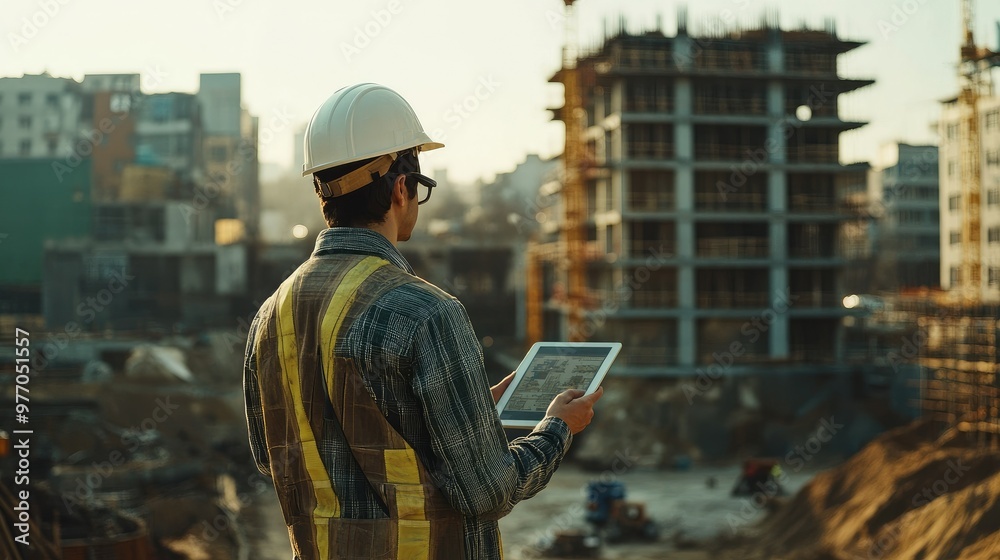 An engineer using a drone to survey a construction site, standing with a tablet and controlling the aerial view of the area. An engineer using a drone to survey a construction site, standing with a tablet and controlling the aerial view of the area.