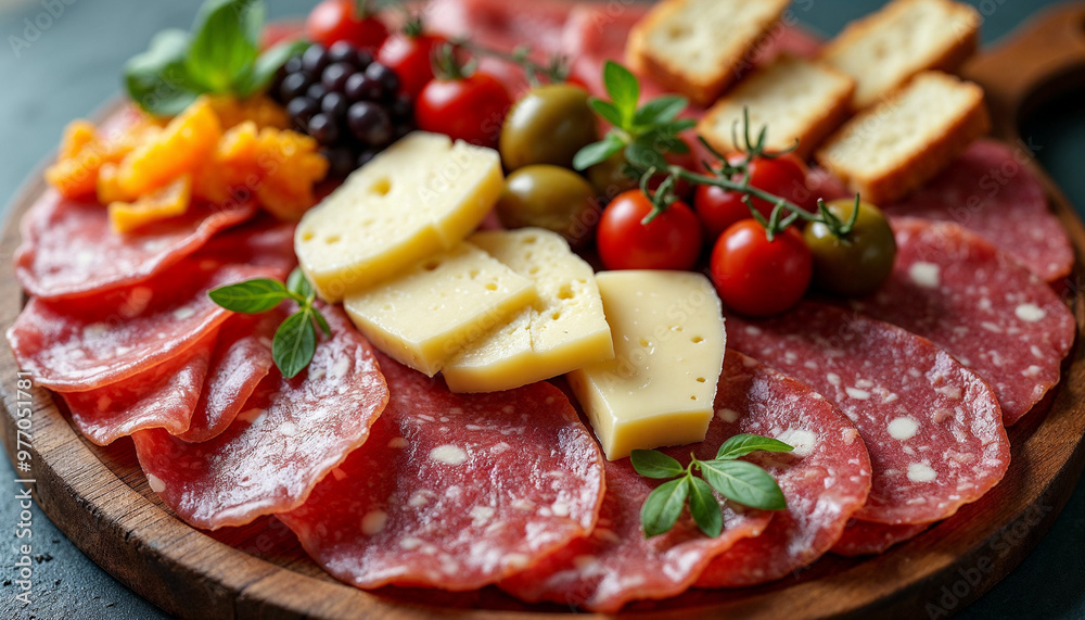 Elegant platter with salami, prosciutto, and cheese on a stylish board, ideal for gourmet content.
Elegant platter with salami, prosciutto, and cheese on a stylish board, ideal for gourmet content.