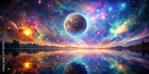 Celestial Reflection A Dreamy Landscape with a Planet and Stars, digital art, starry night, water reflection, planet, space, cosmos