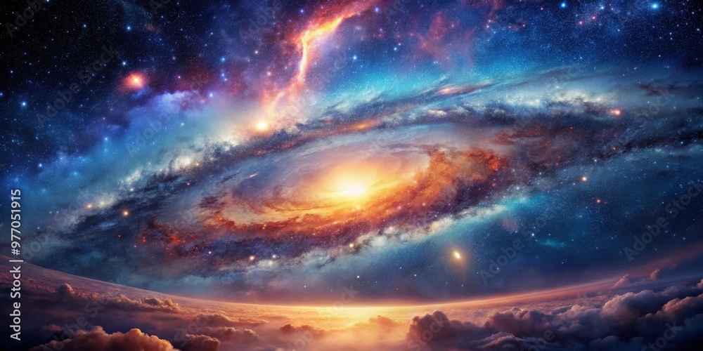 Cosmic Symphony A Spiral Galaxy Above a Cloud-Covered World, astronomy, space, galaxy Cosmic Symphony A Spiral Galaxy Above a Cloud-Covered World, astronomy, space, galaxy