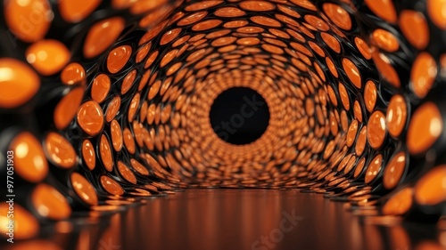 Twisty and repetitive circular geometric tunnel made out of shiny reflective orange and black colors. photo