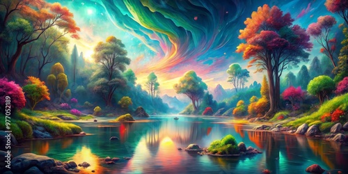 Dreamy Forest Reflection, Digital Art, Landscape, Nature, Water