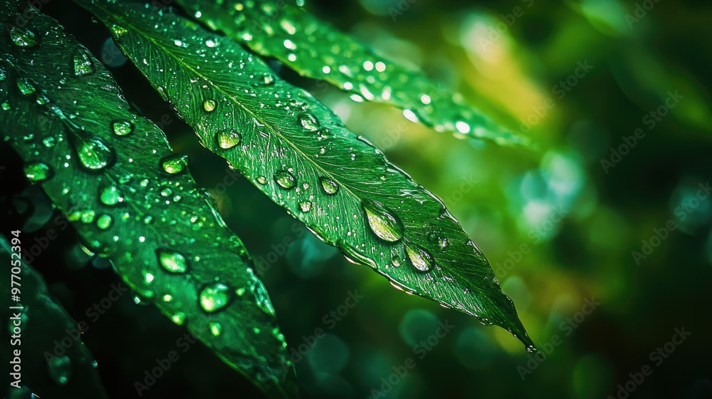 Fresh raindrops on the surface of a dark green fern leaf, creating a calming and natural scene of moisture in the forest. Fresh raindrops on the surface of a dark green fern leaf, creating a calming and natural scene of moisture in the forest.