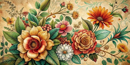 Floral Tapestry Watercolor Painting of Colorful Flowers and Green Leaves on a Rustic Beige Background, Floral Design, Botanical Illustration, Art Print, Wallpaper