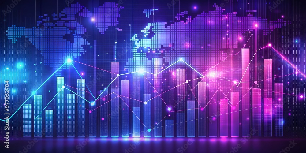 Global Financial Growth, Neon Lights, Data Visualization, Charts, World Map, Stock Market, Business Global Financial Growth, Neon Lights, Data Visualization, Charts, World Map, Stock Market, Business