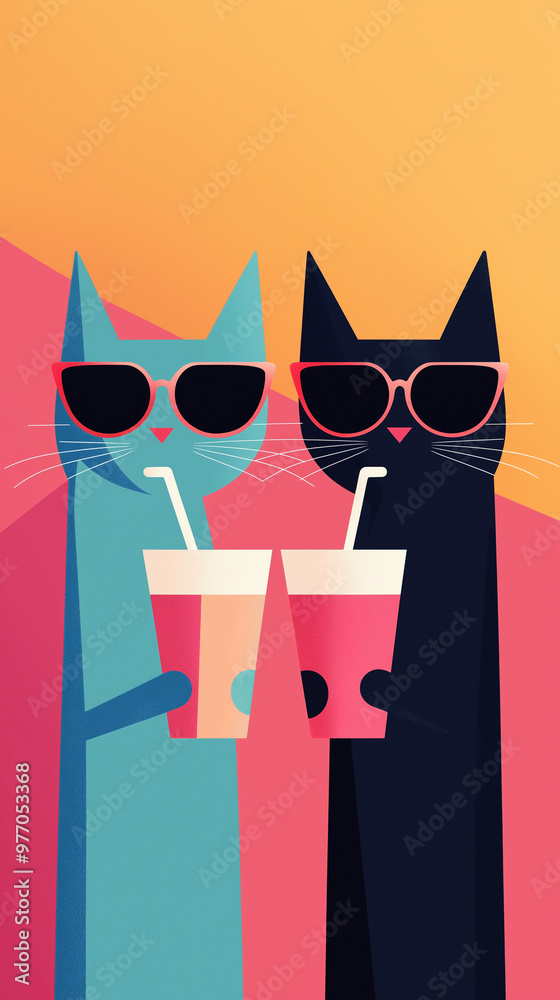 illustration of two anthropomorphic cats wearing sunglasses and holding drinks.. illustration of two anthropomorphic cats wearing sunglasses and holding drinks..