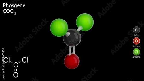 The video shows the 3d model of the phosgene molecule (CCl2O). Phosgene is a colorless nonflammable gas that has the odor of freshly cut hay. Acute toxic. 3d rendering. black background photo