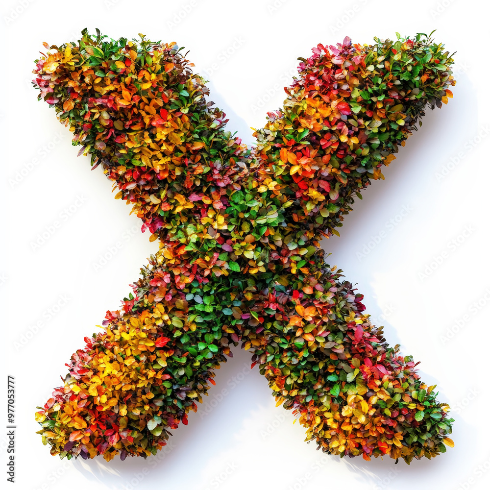 Alphabet letter X made of fall leaves, flowers. berries. Vibrant autumn colours. White clean background. Generative AI Alphabet letter X made of fall leaves, flowers. berries. Vibrant autumn colours. White clean background. Generative AI