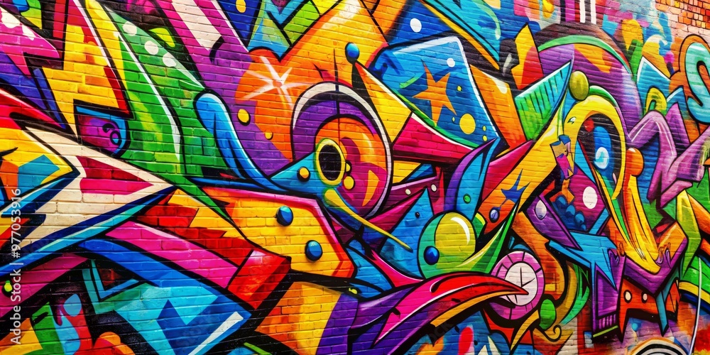 Fototapeta premium Urban Art Explosion Vibrant Spray Paint on Brick Wall, street art, graffiti, abstract art