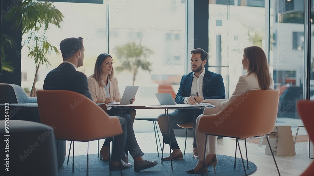 Business professionals collaborating and discussing strategies around a table in a modern office setting. Business professionals collaborating and discussing strategies around a table in a modern office setting.