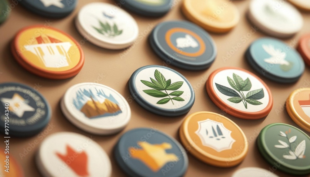Colorful tokens featuring various nature-inspired designs, perfect for creative projects and game design. Colorful tokens featuring various nature-inspired designs, perfect for creative projects and game design.