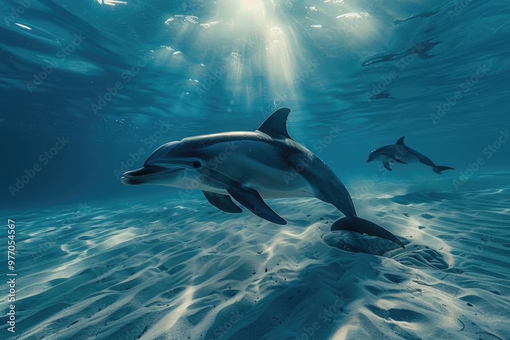 Obraz premium Playful Dolphin Swimming Under Sunlit Ocean Waters