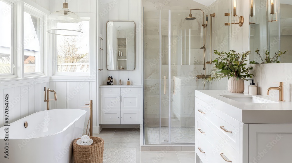 Modern White Bathroom with Gold Accents Modern White Bathroom with Gold Accents