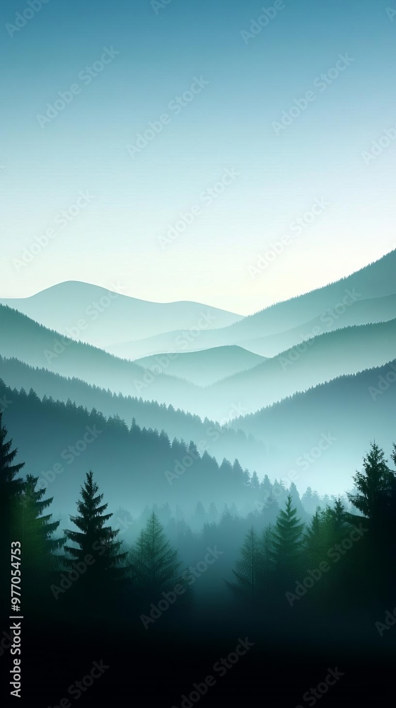 Fototapeta premium Serene mountain landscape with misty peaks and lush evergreen forests, evoking tranquility and natural beauty.