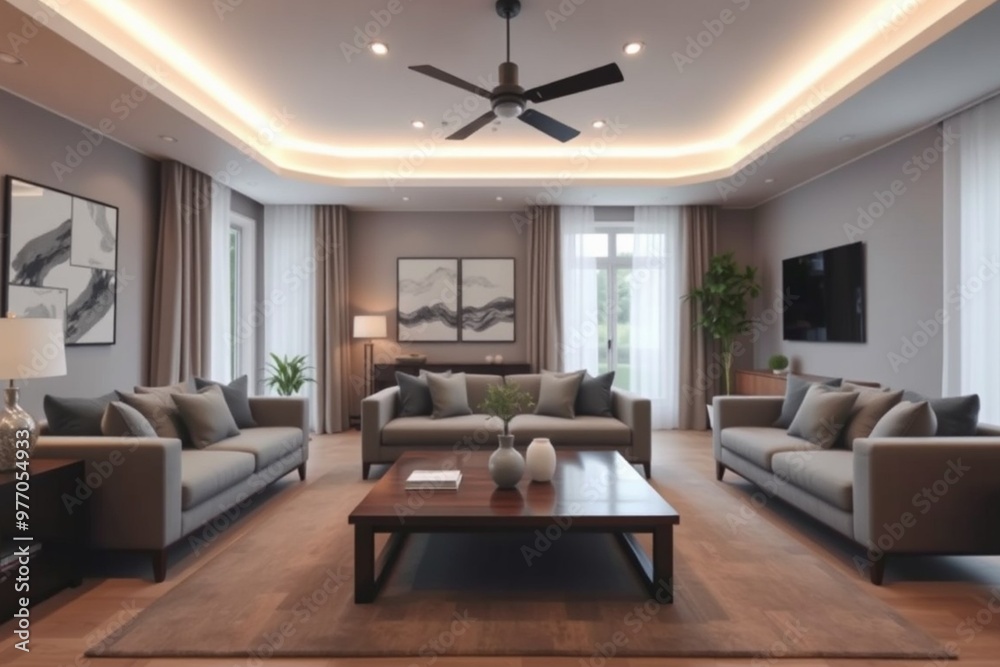 Fototapeta premium Interior of living room with grey sofa and table