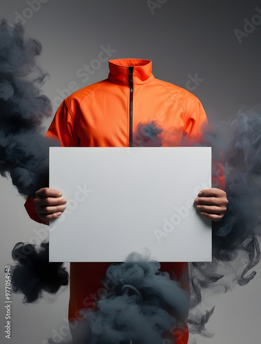 a person wearing a bright orange jumpsuit, holding a blank white sign in front of their chest. The person's face is obscured by dense smoke that surrounds them, creating a mysterious and somewhat eeri photo