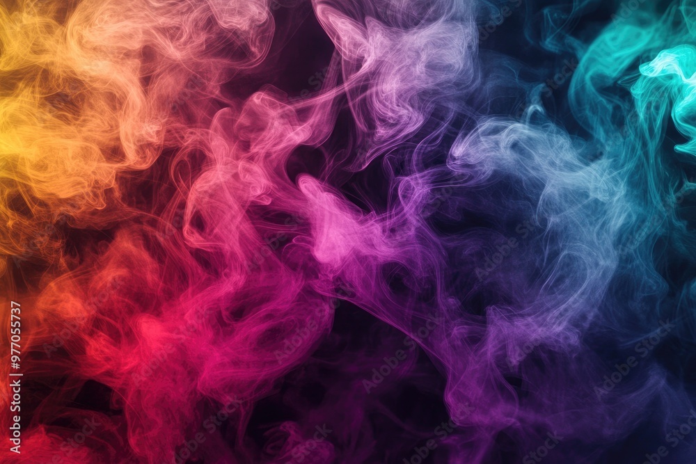 Vibrant smoke in a variety of colors against a dark backdrop creating an artistic line art illustration Vibrant smoke in a variety of colors against a dark backdrop creating an artistic line art illustration