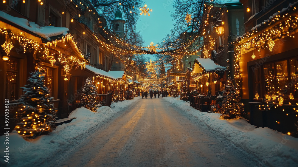 custom made wallpaper toronto digitalSnowy street lined with festive lights during the holiday season.