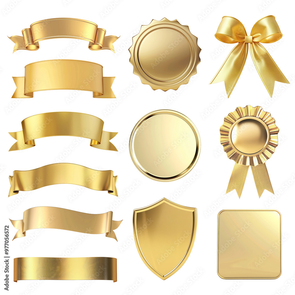 PNG Gold ribbon badge element set, transparent background PNG Gold ribbon badge element set, transparent background