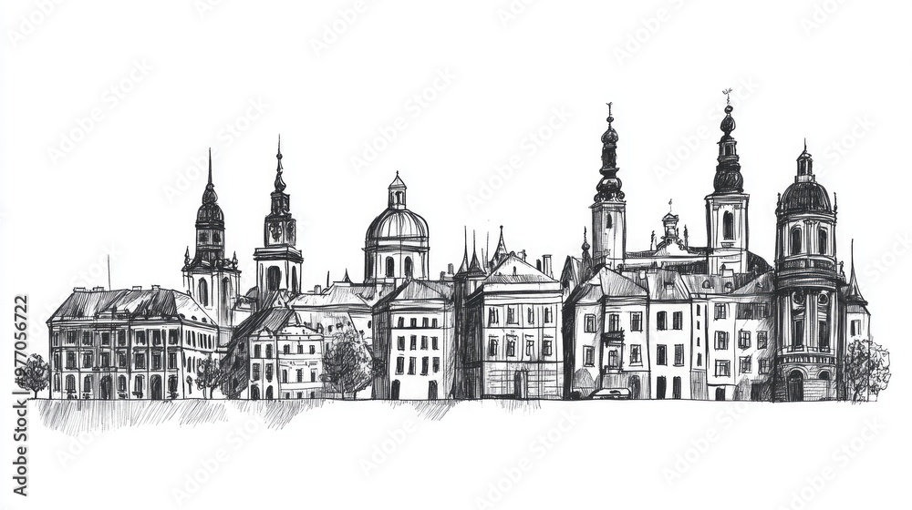 Urban sketch in black on a white background depicting historical buildings Freehand drawing designed as a travel postcard Hand drawn line art illustration Urban sketch in black on a white background depicting historical buildings Freehand drawing designed as a travel postcard Hand drawn line art illustration