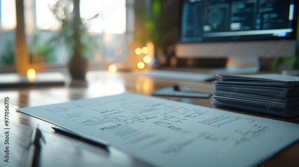 a modern office environment, focusing on a desk with two contrasting elements: on one side, a complex flowchart representing ,process innovation a modern office environment, focusing on a desk with two contrasting elements: on one side, a complex flowchart representing ,process innovation