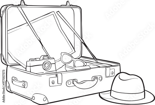 travelers suitcase map sunglasses hat