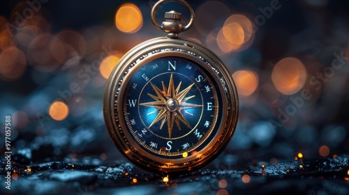 A vintage brass compass reflecting warm light against a blurred bokeh background at dusk. Generative AI