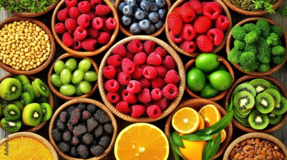 A Colorful Array of Fruits and Vegetables in Wooden Bowls A Colorful Array of Fruits and Vegetables in Wooden Bowls