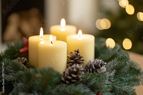 Four lit christmas candles are arranged in a wreath of evergreen branches, creating a festive centerpiece.