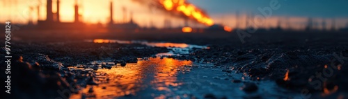 Dramatic sunset over an industrial landscape with flaring gas. Reflections shimmer on the ground, showcasing the harsh environment. photo