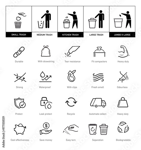 Icons set for garbage bag. The outline icons are well scalable and editable. Contrasting vector elements are good for different backgrounds. EPS10.