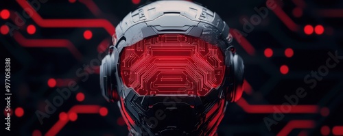 Futuristic robot head with a glowing red visor and intricate circuit patterns, representing advanced technology and artificial intelligence. photo