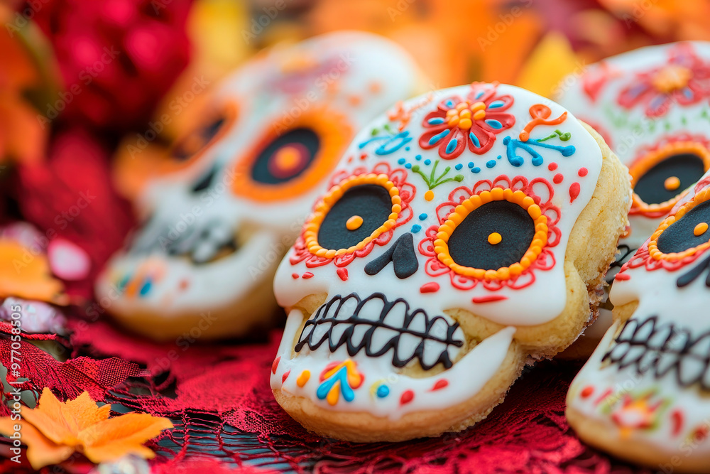 Fototapeta premium Traditional Mexican skull-shaped cookies for the Day of the Dead