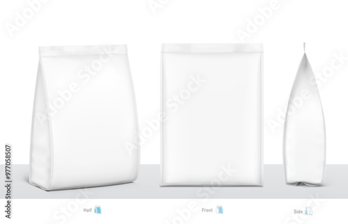 Realistic food snack bag isolated on white background. Front, side and half side view. Vector illustration. Can be use for template your design, presentation, promo, ad. EPS 10.	