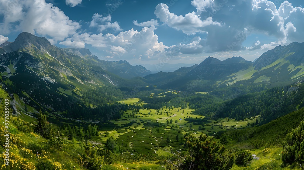 Fototapeta premium Gorgeous panorama of a valley covered with mountains