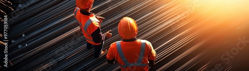 Two construction workers in bright safety vests oversee metal beams at sunset, highlighting safety and teamwork in construction.