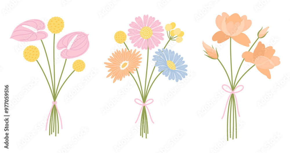 Set of three bunch wildflowers. Floral bouquet. Flowers tied with ribbon, vector illustration. Meadow herbs, and wild plants for design projects Set of three bunch wildflowers. Floral bouquet. Flowers tied with ribbon, vector illustration. Meadow herbs, and wild plants for design projects