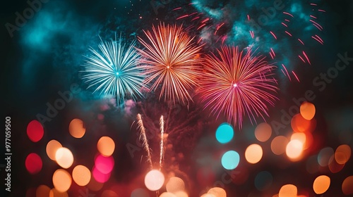 Colorful Fireworks Display with Bokeh Lights in the Night Sky